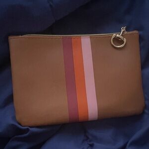 Ipsy Brown Clutch with Pink and Orange Stripes